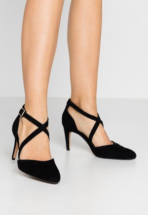 Jambes féminines portant des chaussures à talons hauts en daim noir avec des brides croisées à la cheville et des bouts pointus sur un sol lisse et clair.