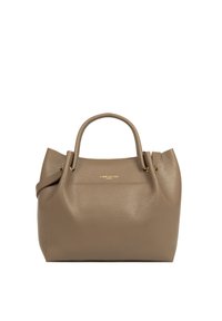 Borsa a tracolla in pelle testurizzata color taupe con doppio manico e logo dorato "Lancaster Paris" al centro della parte anteriore.