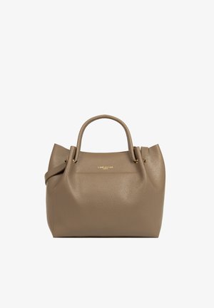 Sac à main en cuir texturé taupe avec double poignées et logo doré "Lancaster Paris" centré à l'avant.