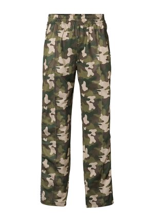 Pantalon à taille élastique avec un motif camouflage vert, marron et beige, jambes droites, fabriqué en tissu léger.