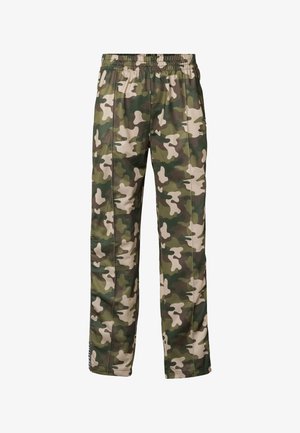 Grønne, brune og beige camouflage-mønstrede bukser med elastik i taljen og lige ben, lavet af letvævet stof.