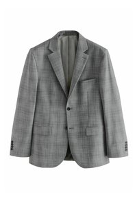 Chaqueta de traje a cuadros en gris, hecha de un tejido texturizado, que cuenta con un único bolsillo en el pecho, dos bolsillos frontales y acentos con puños abotonados.
