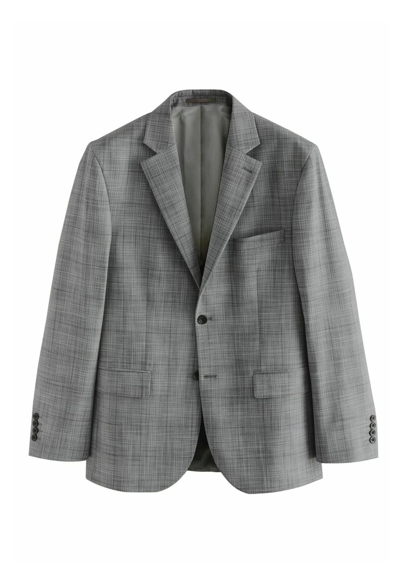 Chaqueta de traje a cuadros en gris, hecha de un tejido texturizado, que cuenta con un único bolsillo en el pecho, dos bolsillos frontales y acentos con puños abotonados.