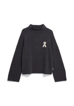 Pull en mélange de laine gris foncé avec un col montant, des manches longues et un ourlet court. Présente un logo blanc sur la poitrine. Texture douce.