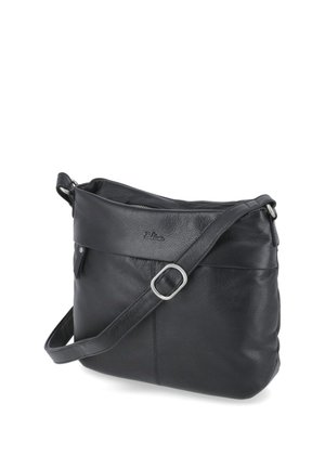 Sac bandoulière en cuir noir avec une sangle ajustable et une boucle argentée, doté d'une fermeture éclair sur le dessus et d'un logo discret de la marque à l'avant.