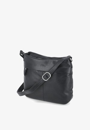 Sac bandoulière en cuir noir avec une sangle ajustable et une boucle argentée, doté d'une fermeture éclair sur le dessus et d'un logo discret de la marque à l'avant.