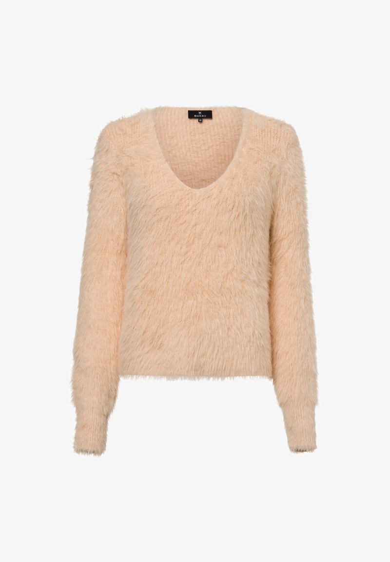 Peach-colored, fuzzy sweater with a deep scoop neckline and long sleeves; features a soft textured finish and ribbed sleeve cuffs.