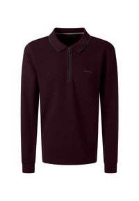 Polo à manches longues bourgogne foncé avec fermeture éclair sur le devant, poignets côtelés et logo de marque subtil sur la poitrine gauche.