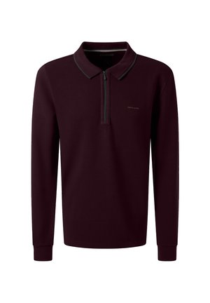 Dunkelburgunderfarbener Langarm-Polo mit Reißverschluss vorne, gerippten Bündchen und dezentem Markenlogo auf der linken Brust.