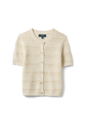 Hellcremefarbener kurzärmeliger Strickcardigan mit Zopfmuster und Lochdesign, Rundhalsausschnitt und sechs Knöpfen vorne.