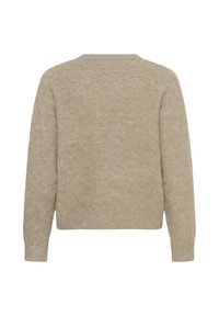 Pull beige à manches longues vu de dos, coupe ample, tissu doux et texturé, ourlet et poignets côtelés, aucun motif ou logo visible.