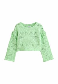 Hellgrüner, kurz geschnittener Pullover mit offener Strickstruktur und Fransenakzenten an den Ärmeln. Verfügt über einen runden Ausschnitt und lange Ärmel.