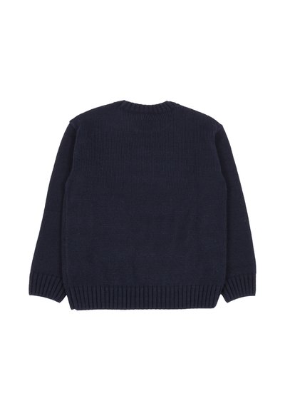 Maglione a maglia blu navy con colletto rotondo e polsini a coste, dalla texture liscia e dallo stile comodo e rilassato.