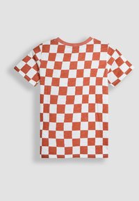 Rød og hvid ternet kortærmet T-shirt lavet af blødt stof med rund hals og en afslappet pasform.