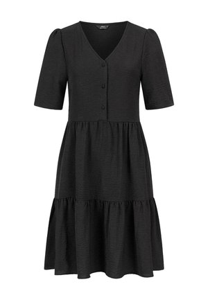 Black dress with a V-neck, short puff sleeves, button closure, and a tiered skirt. Made from textured fabric, offering a relaxed fit.