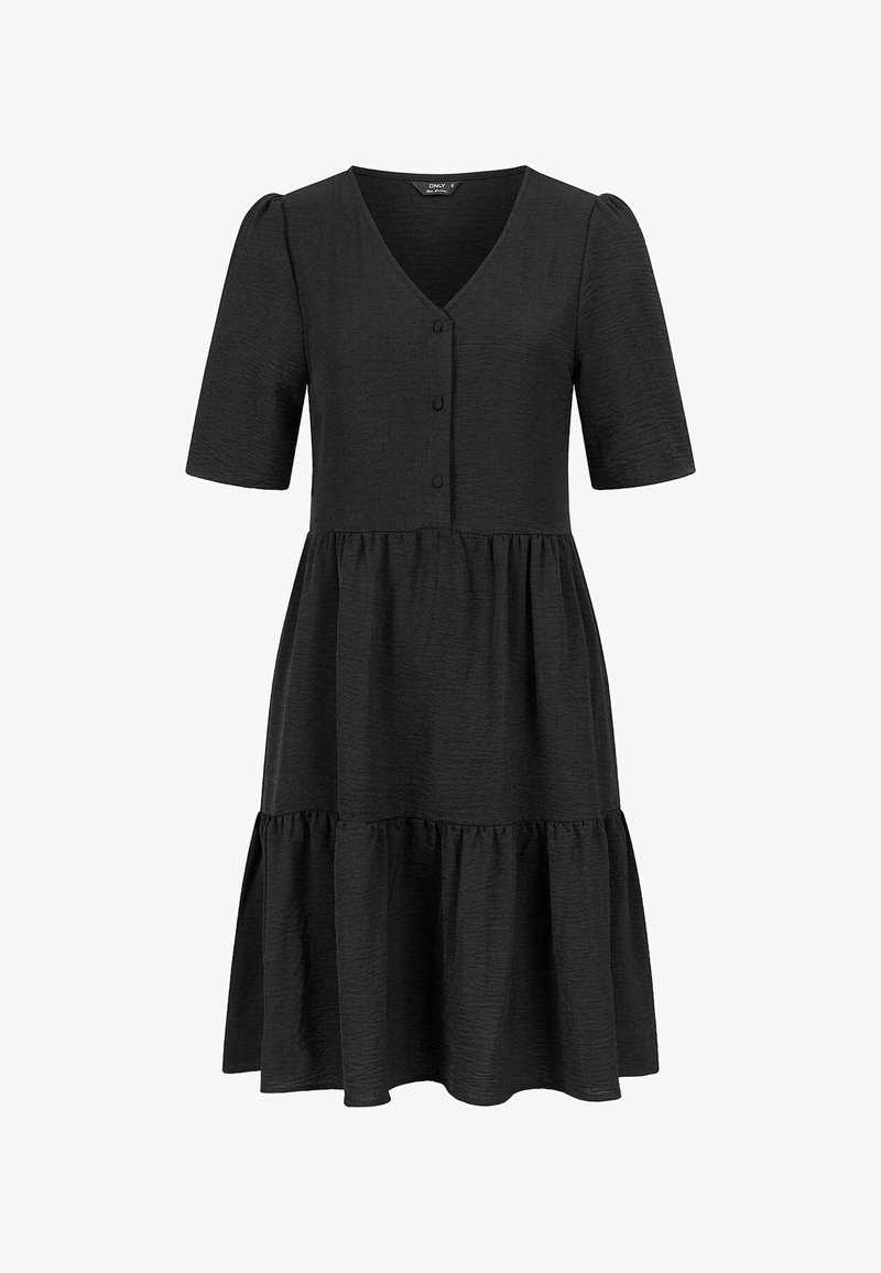 Svart klänning med V-ringning, korta puffärmar, knappstängning och en flerskiktskjol. Tillverkad av textil med struktur, som ger en avslappnad passform.