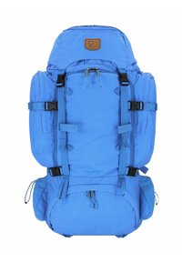 Blue hiking backpack with adjustable straps, two side pockets, and a prominent top flap featuring a logo patch. Durable fabric and zip closures.