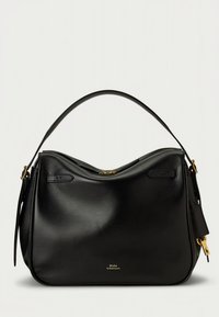 Mala de mão em couro preto com silhueta curva, fecho superior com zipper e alça curta. Apresenta ferragens douradas e uma marca subtil na parte frontal.