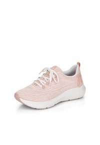 Light pink athletic shoe with a textured mesh upper, white laces, and a solid white rubber sole, featuring a logo accent on the heel.