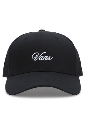 Casquette de baseball noire avec visière incurvée et logo "Vans" blanc brodé sur le panneau central avant.