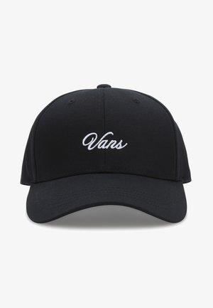 Sort baseballcap med buet skygge og hvidt "Vans"-logo broderet på den forreste midterpanel.