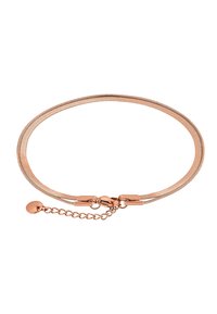 Bracciale in oro rosa con design a catena flessibile, caratterizzato da una superficie liscia, chiusura con ganci e una catena di lunghezza regolabile con un piccolo ciondolo.
