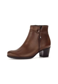Brown leather ankle boot with low block heel, decorative side knot, and smooth finish, shown in side profile on white background.