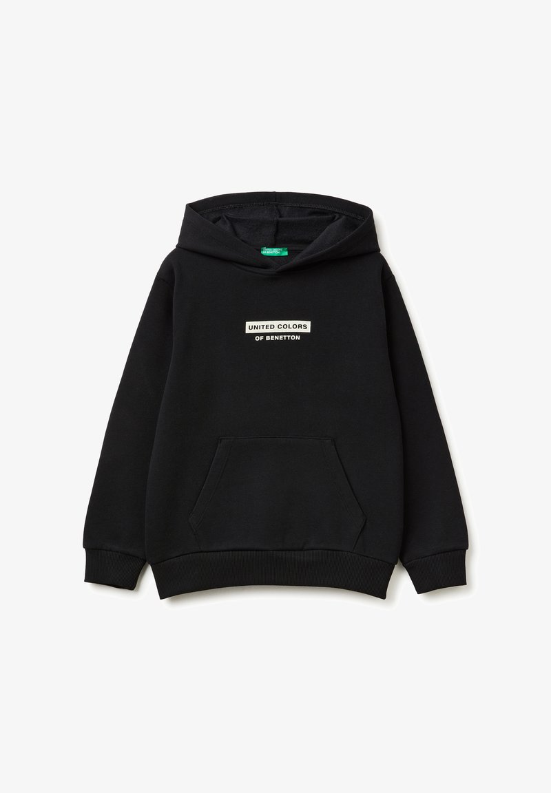 Hoodie noir en tissu doux avec une poche kangourou à l'avant et du texte imprimé en blanc. Comprend un capuchon avec cordon de serrage et des poignets côtelés.