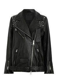 Black leather motorcycle jacket with silver stud detailing on shoulders, asymmetrical zippers, and a belted waist. Smooth texture and fitted design.