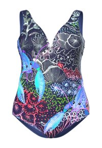 Maillot de bain avec un design en V profond, motifs colorés de la vie marine, fond majoritairement bleu foncé avec des accents vibrants en rose et violet.