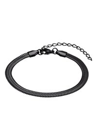 Bracciale in metallo nero con un design flessibile e testurizzato. Include un'estensione a catena con un gancio per una dimensione regolabile.