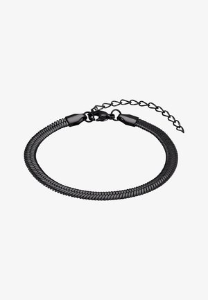 Schwarzes Metallarmband mit einem flexiblen, strukturierten Design. Verfügt über einen Kettenverlängerer mit einem Verschluss für verstellbare Größen.