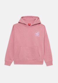 Roze hoodie gemaakt van zachte stof, met een voorkant zak en een wit logo op de linkerborst. Ribbelboorden en een ribbelzoom.