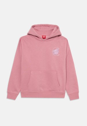 Roze hoodie gemaakt van zachte stof, met een voorkant zak en een wit logo op de linkerborst. Ribbelboorden en een ribbelzoom.