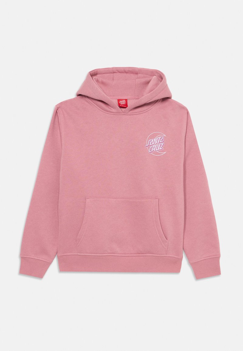 Pink hooded sweatshirt made of soft fabric, featuring a front pocket and a white logo on the left chest. Ribbed cuffs and hem.
