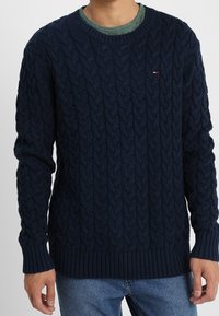 Navyblå kabelstickad tröja med ribbade cuffs och fåll, med en liten logotypdetalj. Ljusgrön rundhalsad skjorta lagd under.