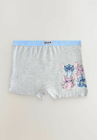 Boxer shorts en coton gris avec une ceinture bleu clair, présentant un motif de personnages de dessin animé en nuances de bleu et de rose sur un côté.