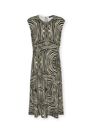 Ærmeløs kjole i midi-længde med sort og hvidt abstrakt geometrisk swirl-mønster og rund halsudskæring, front- og bagudsigten er ikke synlige.
