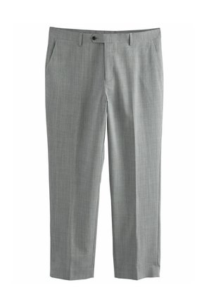 Pantalones de vestir grises hechos de una tela texturizada, con un corte recto, bolsillos laterales y un cierre delantero de botón único.