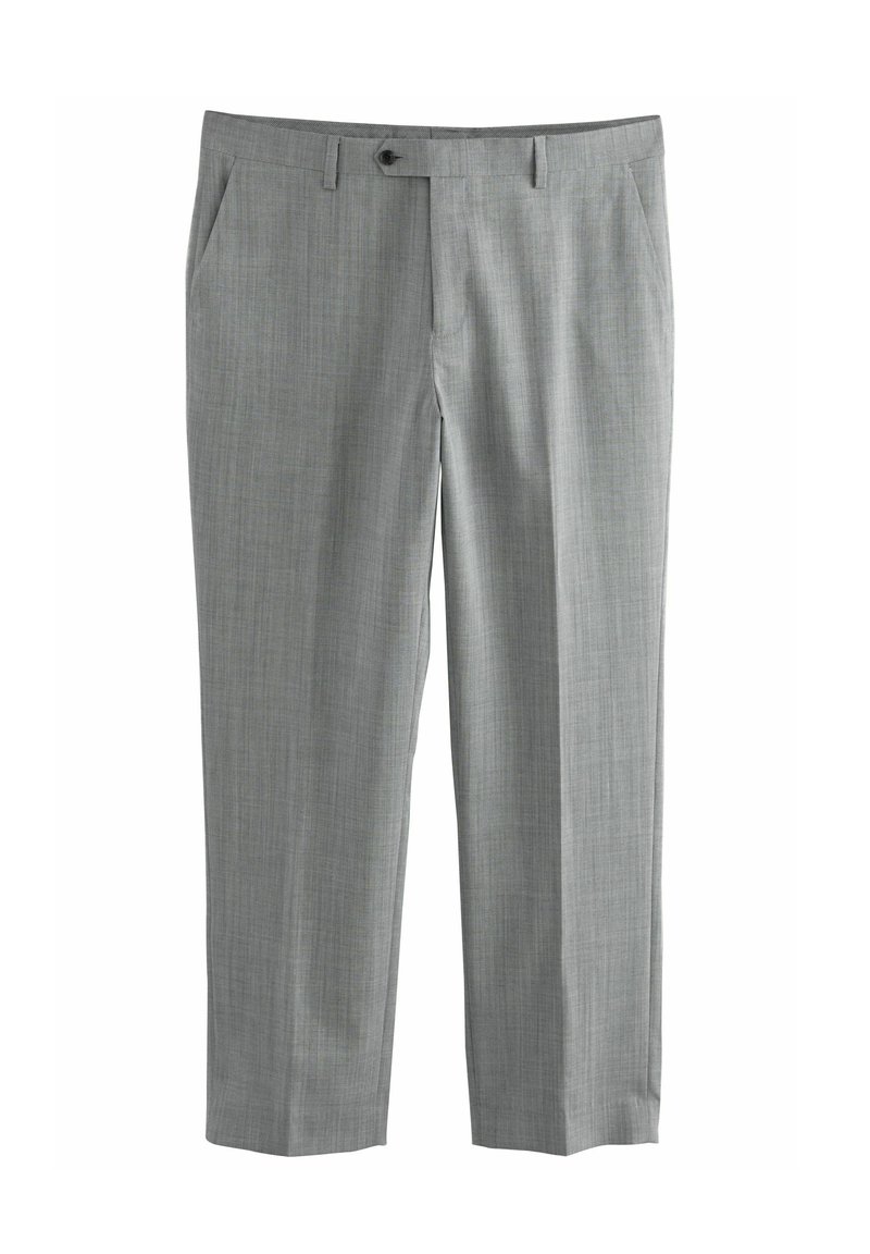 Pantalons gris en tissu texturé, avec une coupe droite, des poches latérales et une fermeture à bouton unique à l'avant.