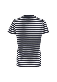 Kurzärmeliges T-Shirt in Marineblau und Weiß mit horizontalen Streifen, von hinten gezeigt, mit Rundhalsausschnitt und regulärer Passform.