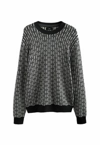 Pulover cu model negru și gri, cu guler rotund, având un design geometric pe întreaga suprafață și manșete și tiv solid negre.