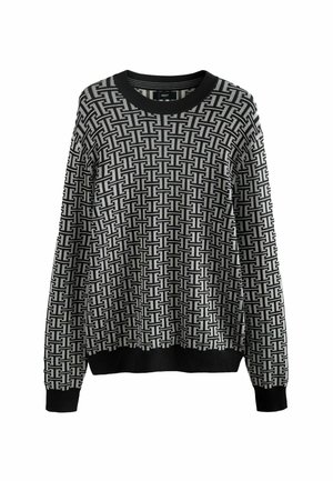 Suéter de patrón negro y gris con cuello redondo, que presenta un diseño geométrico en todo el tejido y puños y dobladillo negro sólido.