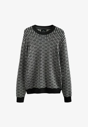 Pull à motif noir et gris avec un col rond, présentant un design géométrique sur l'ensemble et des manches et un ourlet noirs unis.