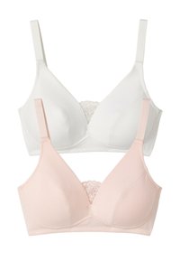 Due reggiseni, uno bianco e uno rosa chiaro. Entrambi presentano un tessuto morbido, dettagli in pizzo al centro e spalline regolabili.