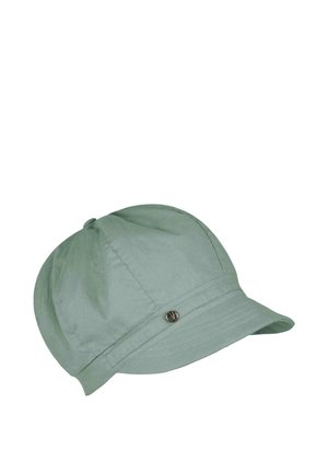 Light green fabric cap with short, curved brim and small metal emblem on the brim band.