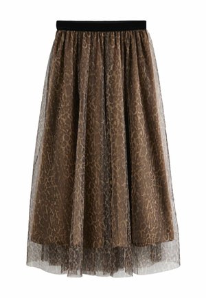 Brun leopardprintet nederdel lavet af gennemsigtigt materiale med en sort elastisk taljebånd. Har et lagdelt design, der tilføjer volumen og tekstur.