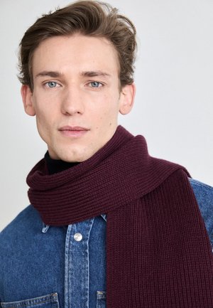 Young man with blue eyes wearing a dark purple knitted scarf and blue denim jacket against a plain light background.
