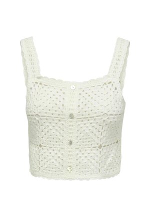 White crochet crop top with square neckline, wide straps, button front, and scalloped edges. Features a geometric pattern throughout.