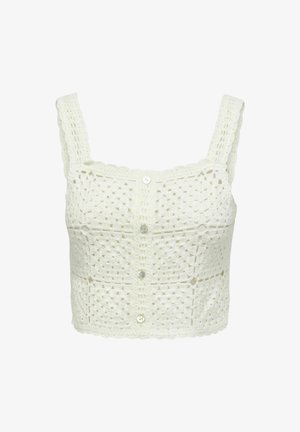 White crochet crop top with square neckline, wide straps, button front, and scalloped edges. Features a geometric pattern throughout.